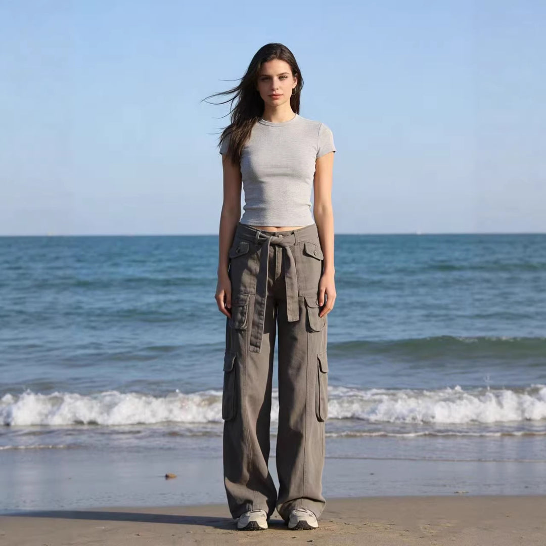 Damen nan weite Cargo-Hose mit hoher Taille, Bindegürtel und mehreren aufgesetzten Klappentaschen Echo Archiv