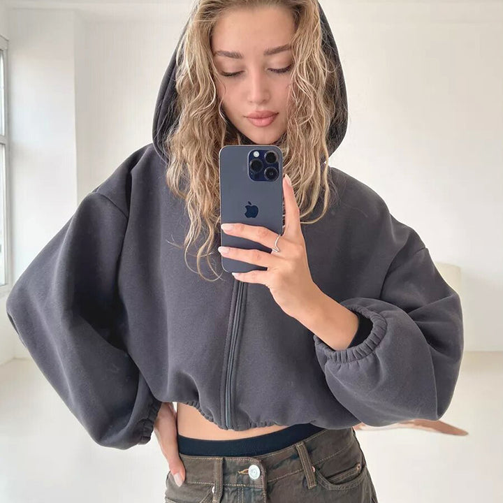 Damen nan oversized Kapuzenjacke kurz geschnitten mit elastischem Saum und Ballonärmeln Echo Archiv