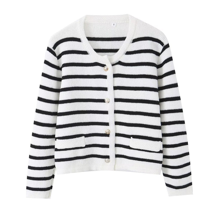 Damen Gestreifte Feinstrick‑Cardigan mit Rundhalsausschnitt, aufgesetzten Taschen und Zierknöpfen Echo Archiv