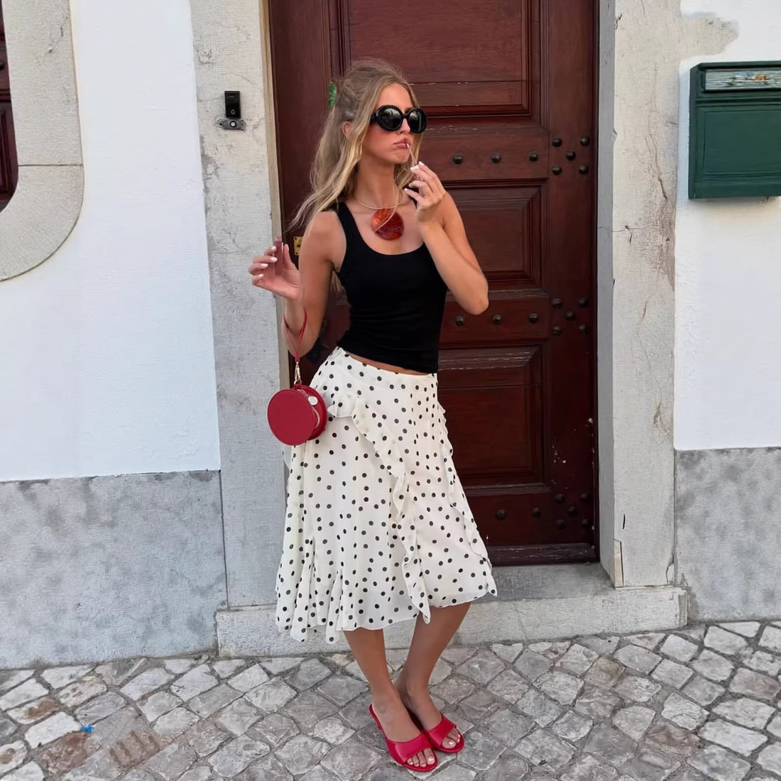 Damen Gepunkteter Chiffon-Volant‑Midirock mit Wickeloptik und asymmetrischem Saum Echoarchiv