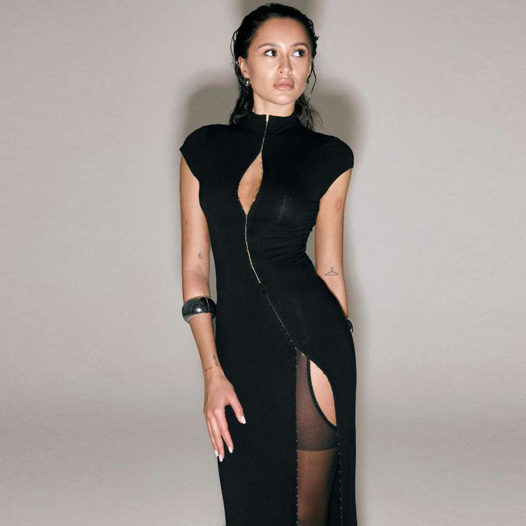 Damen Elegantes Maxikleid mit länglichem Reißverschluss und hohem Schlitz Echo Archiv