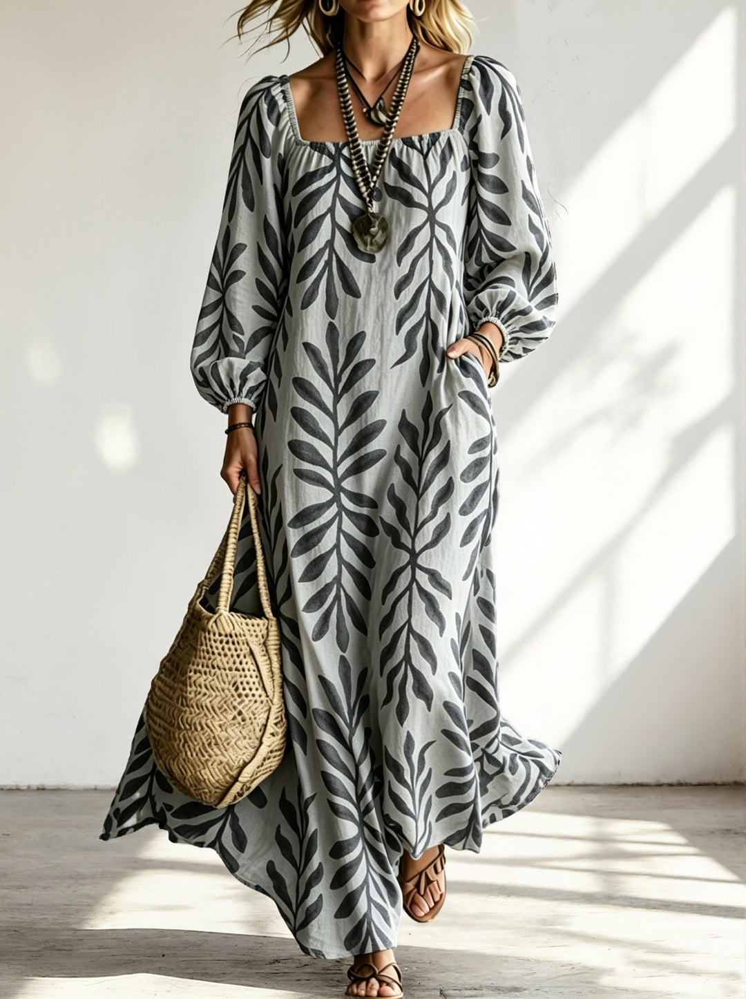 Damen Maxikleid mit quadratischem Ausschnitt, Ballonärmeln und botanischem Print Echoarchiv