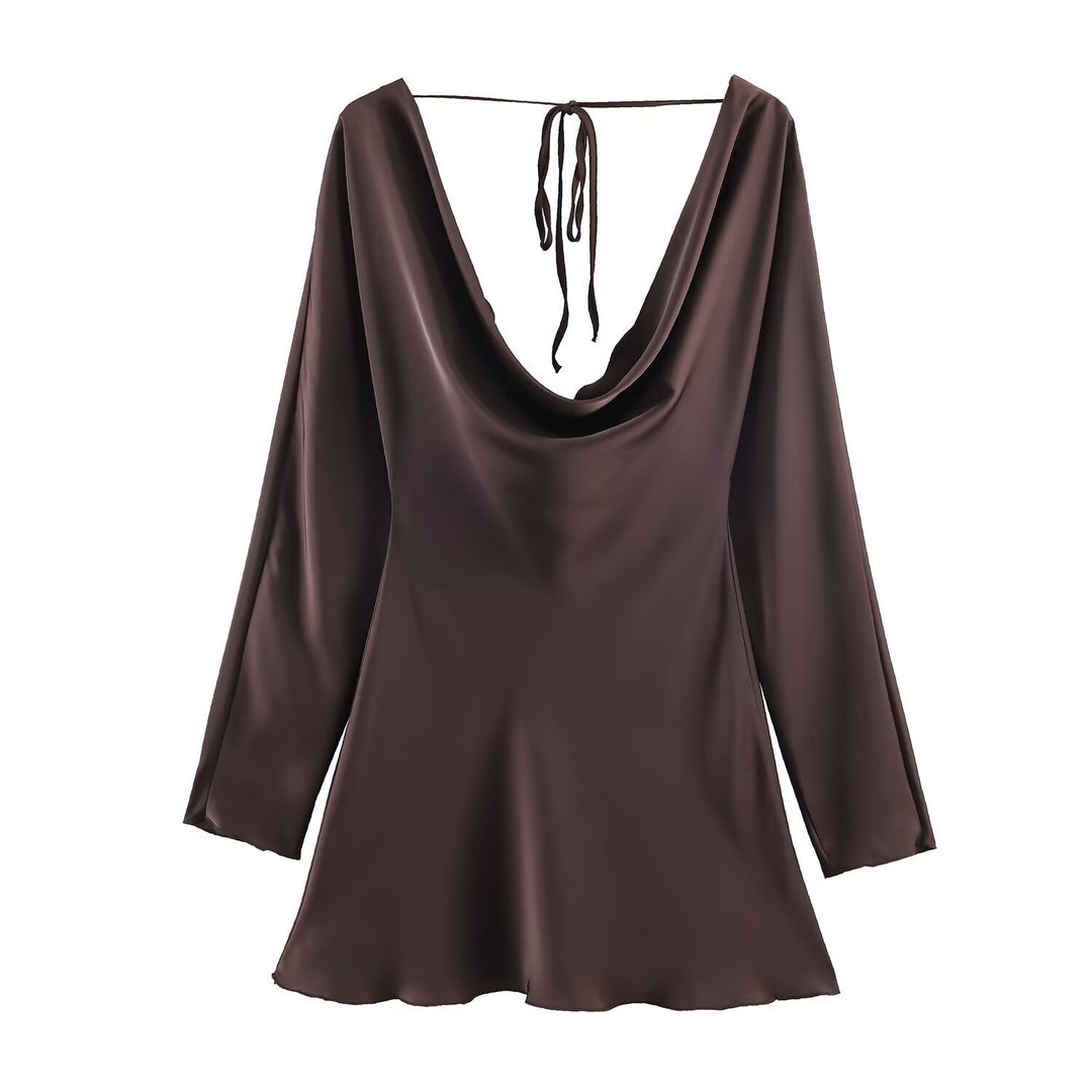 Damen Kurzes Satin-Minikleid mit tiefem Wasserfall‑Rücken, V‑Ausschnitt vorne und langen Ärmeln Echoarchiv