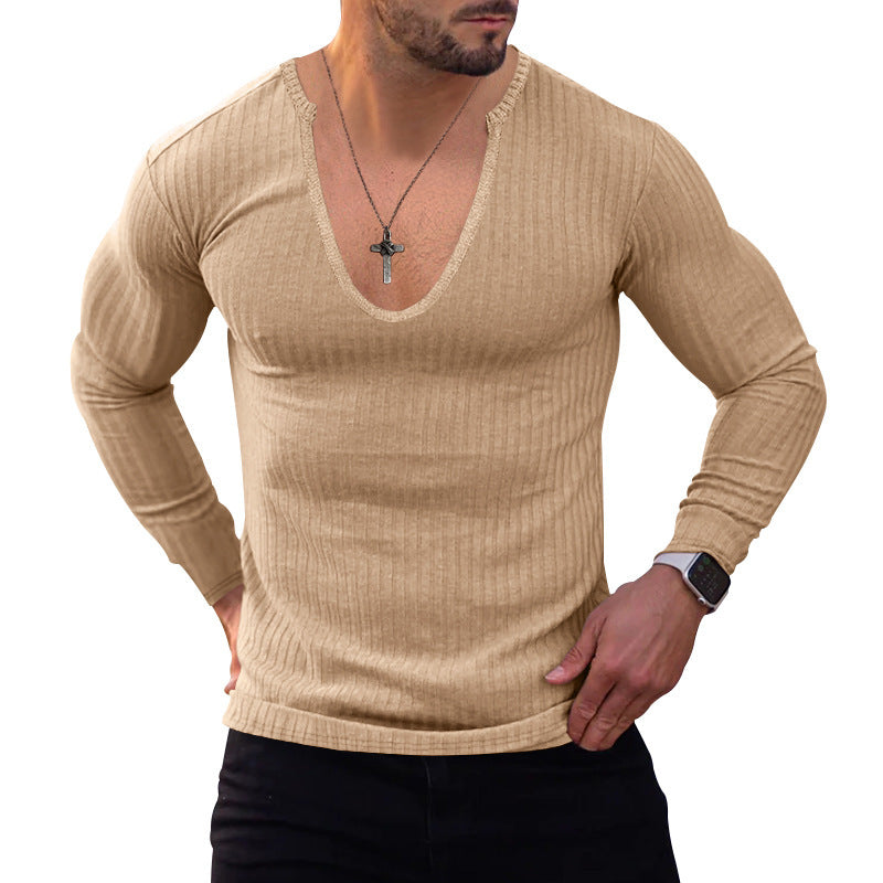Herren Langarmshirt mit tiefem V-Ausschnitt und feiner Rippstruktur Echoarchiv