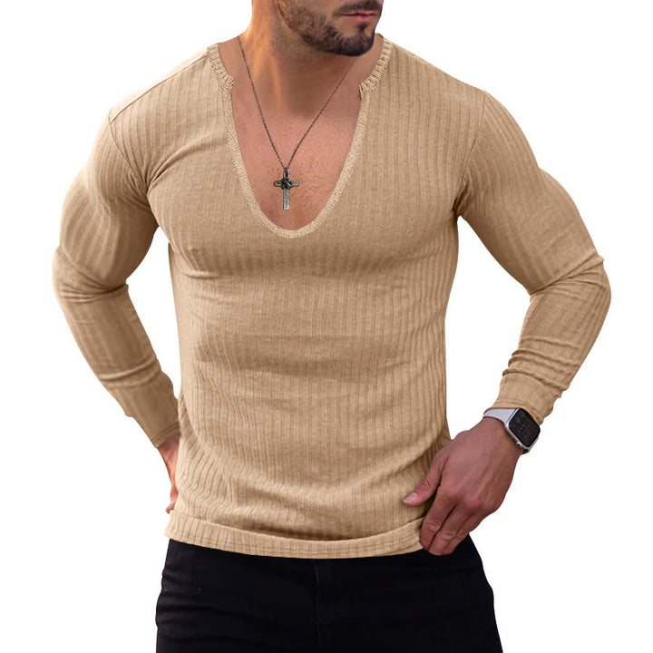 Herren Langarmshirt mit tiefem V-Ausschnitt und feiner Rippstruktur Echoarchiv
