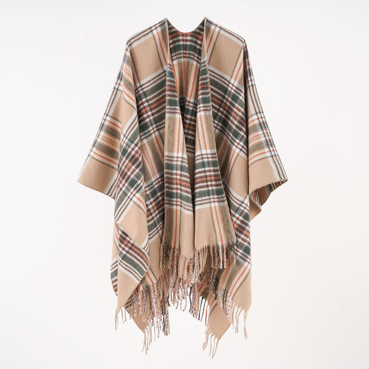 Damen Oversize-Wickelruana im Blockkaro mit Fransen-Detail – Avérine