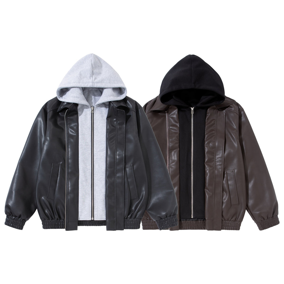 Herren Boxy-Lederblouson mit angenähter Jersey-Kapuze und geripptem Saum Echoarchiv
