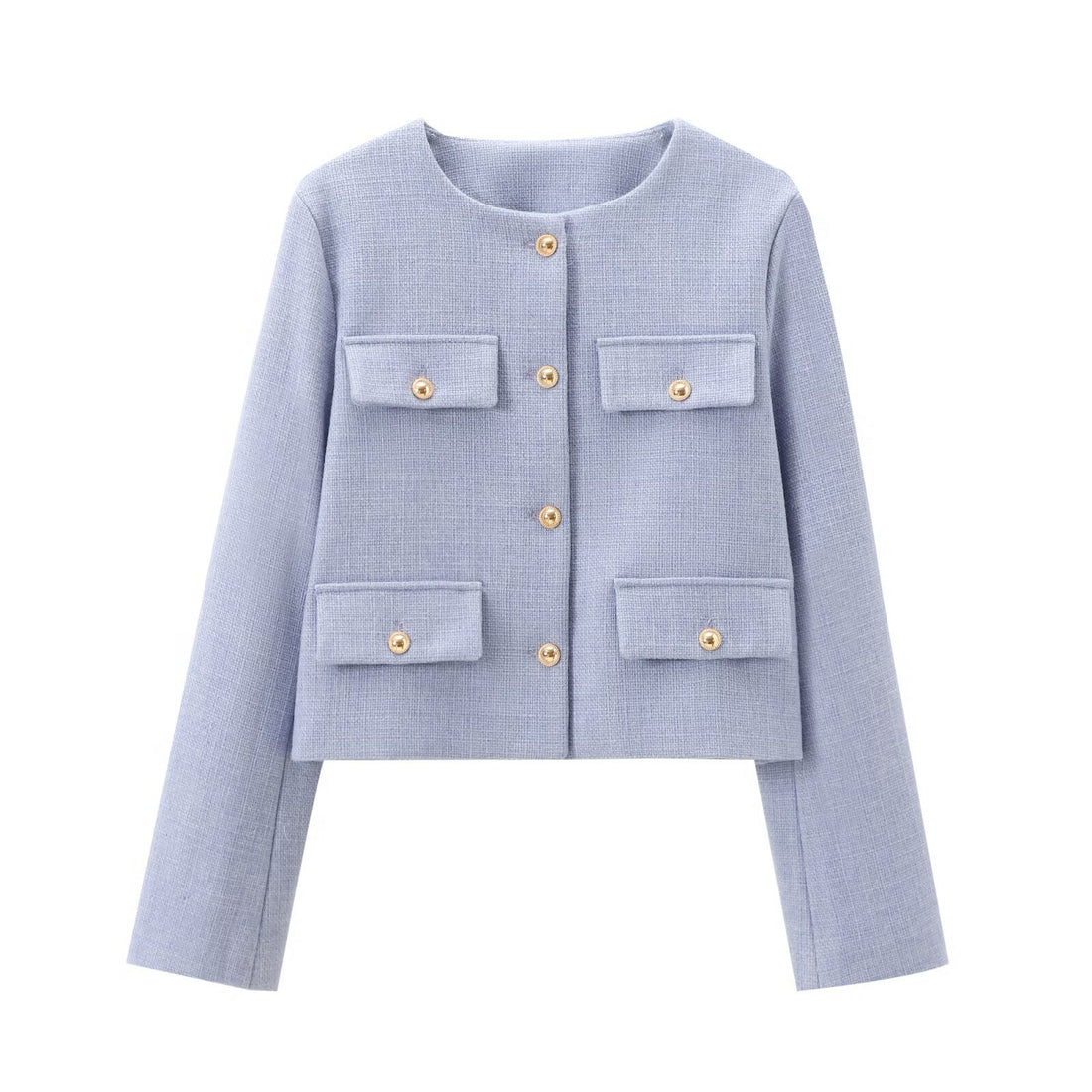 Damen Bouclé-Cropped-Jacke mit vier Pattentaschen und goldenen Schmuckknöpfen Echo Archiv