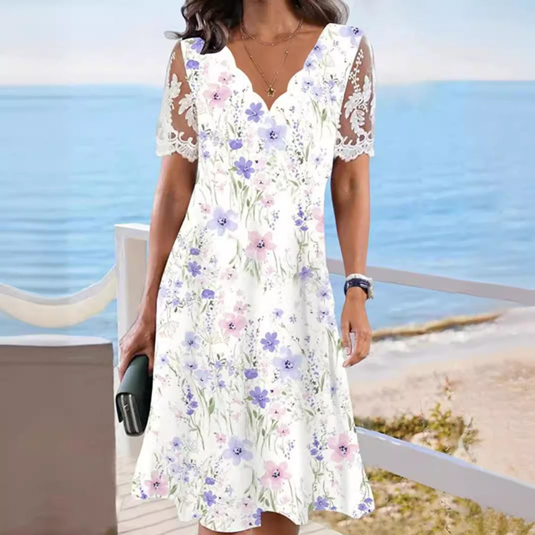 Damen nan A-Linien-Midikleid mit wellenförmigem V-Ausschnitt, ganzflächigem Blumenmuster und transparenten Spitzenärmeln Echo Archiv
