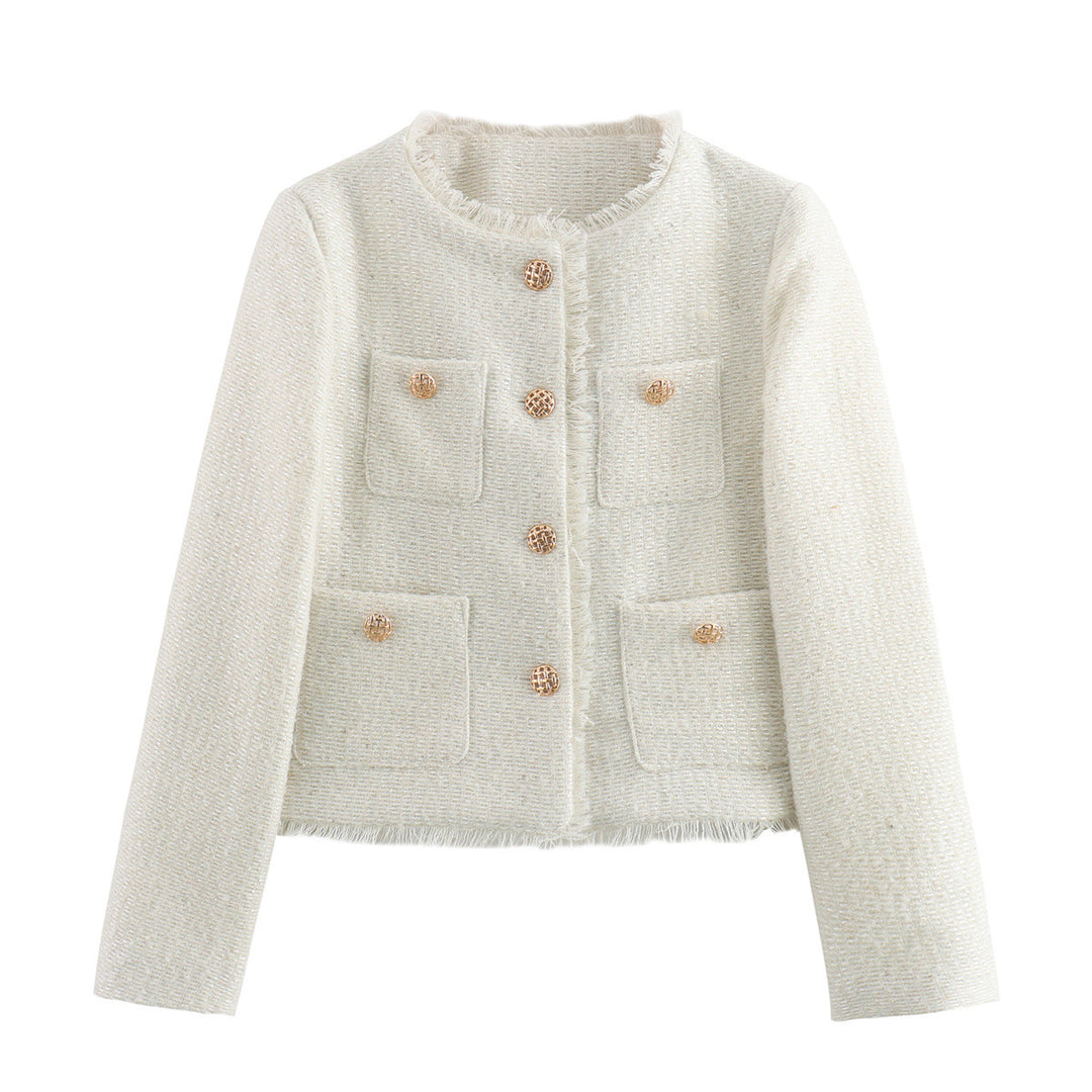 Damen kastiger Bouclé-Blazerjacke mit dekorativen Flechtknöpfen, aufgesetzten Taschen und fransiger Saumkante – Célinea