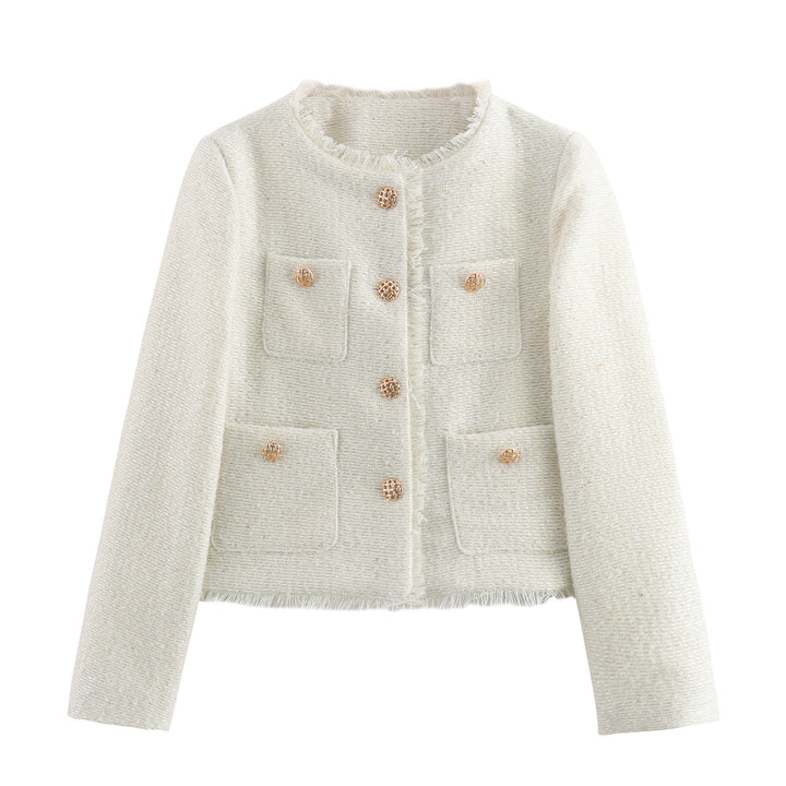 Damen kastiger Bouclé-Blazerjacke mit dekorativen Flechtknöpfen, aufgesetzten Taschen und fransiger Saumkante – Célinea