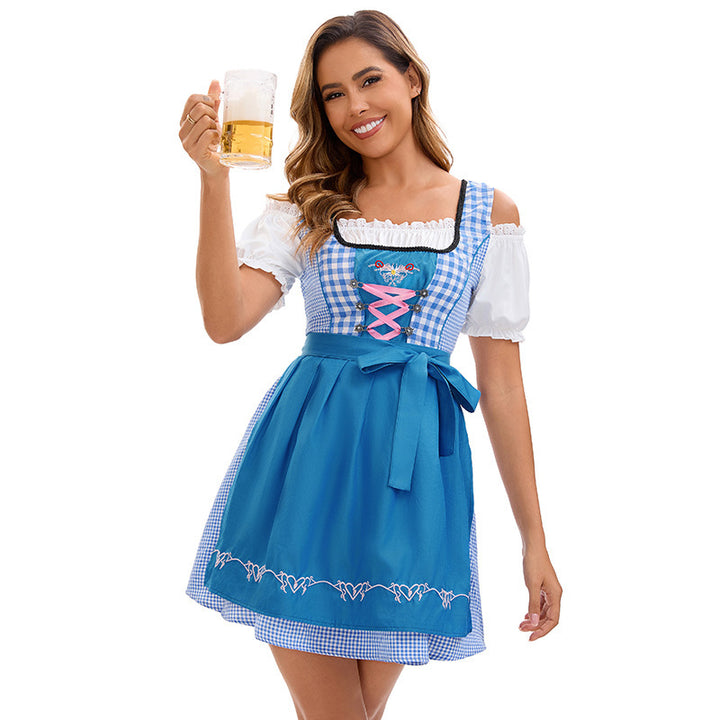 Damen nan traditionelles kariertes Mini Dirndl mit Stickerei, Schnürung und Schürze Echo Archiv