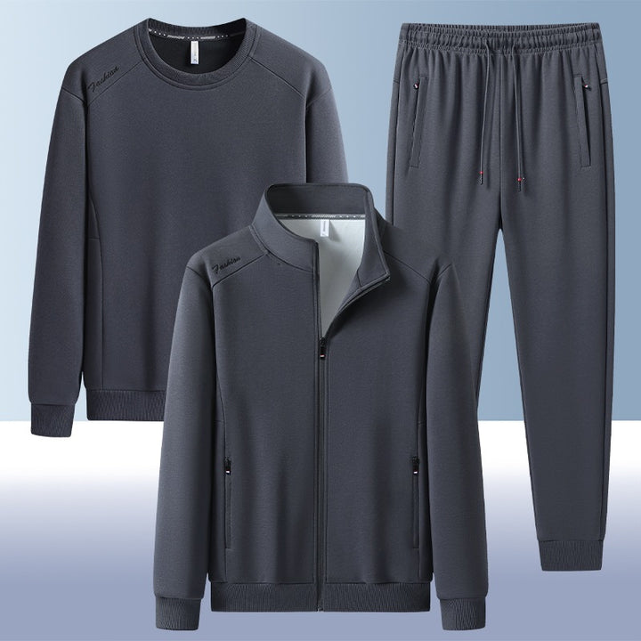 [Herren] Zweiteiliges Trainingsset mit Stehkragen-Zipjacke, Rundhals‑Sweatshirt und konisch geschnittener Jogginghose aus atmungsaktivem Fleece Echoarchiv