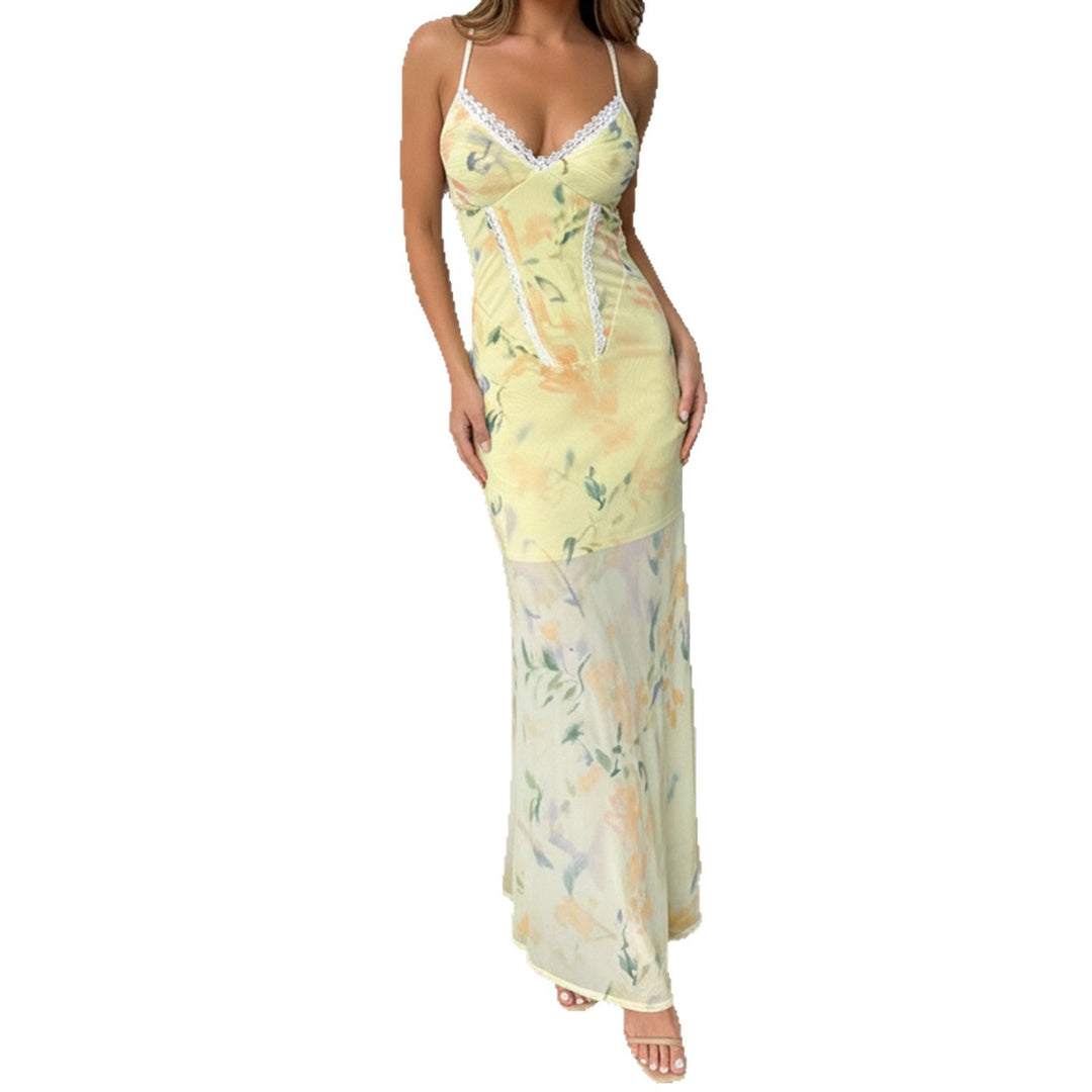 Damen Blumen Maxikleid mit raffinierten Spaghettiträgern und Spitzen-Akzenten Echo Archiv