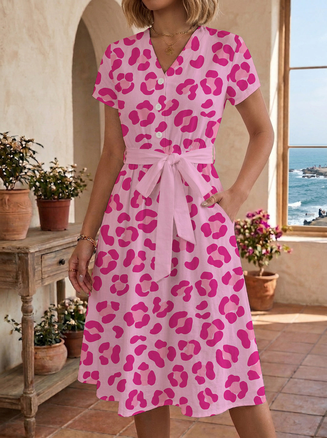 Damen lässiges Kleid mit modernem Leoprint und taillierbarem Gürtel Echo Archiv