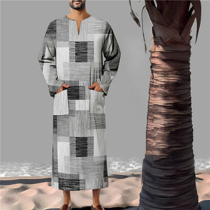 Herren Baumwoll-Kaftan mit modernem geometrischem Muster und praktischen Taschen Echoarchiv