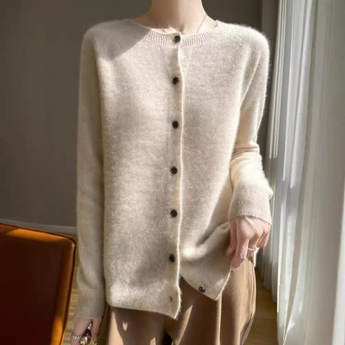 Damen Kurzgeschnittener Feinstrick-Cardigan mit Rundhalsausschnitt und schimmernder Knopfleiste Echoarchiv