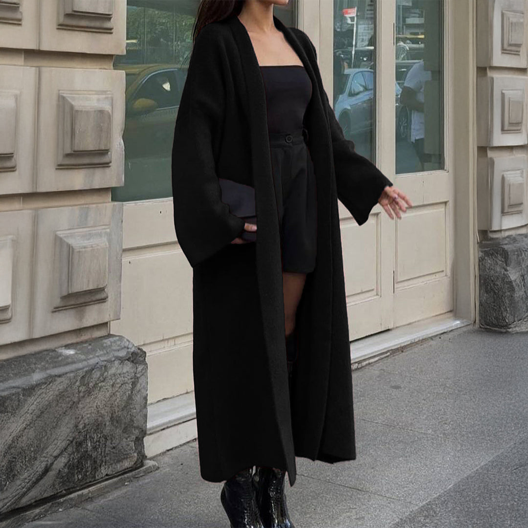 Damen extra-langer Oversize-Strickmantel mit offenem Schnitt, weiten Ärmeln und Kimonokragen – Veloura