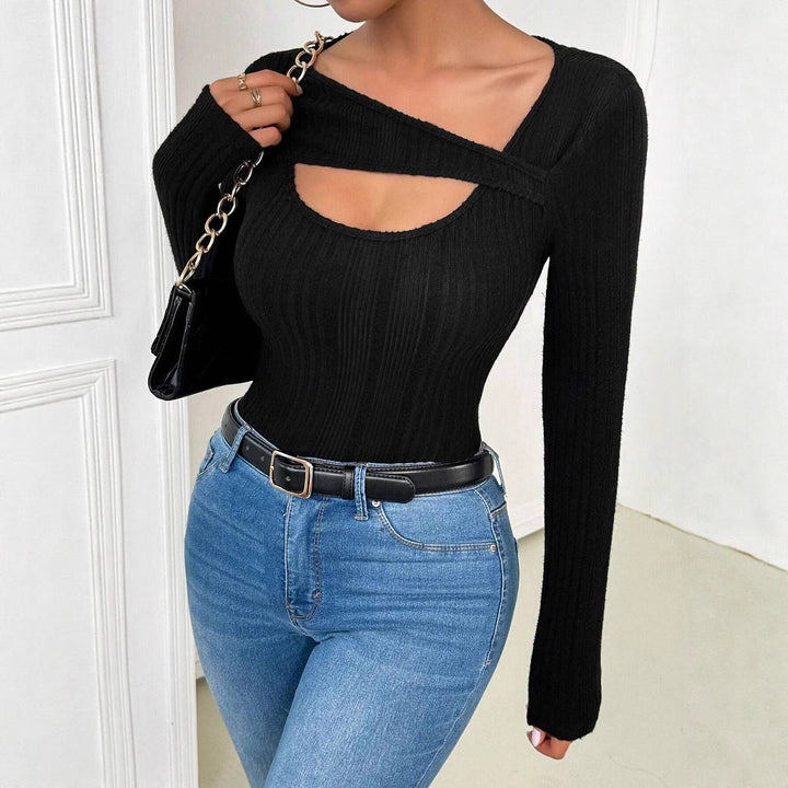 Damen nan figurbetontes langärmeliges Rippstricktop mit Schlüsselloch und asymmetrischem Ausschnitt Echo Archiv