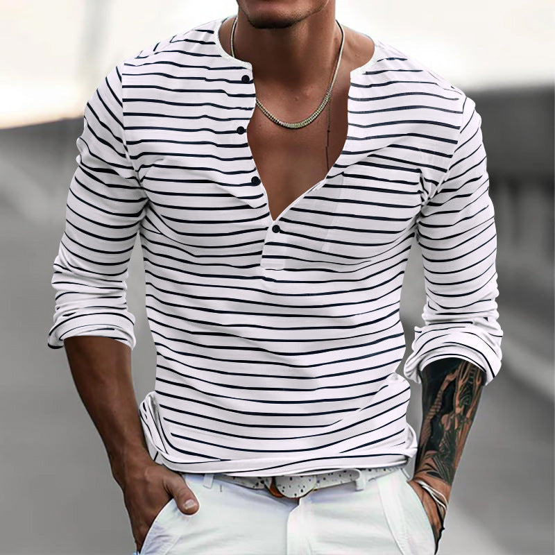 Herren Langarm-Henley-Shirt mit modischem Streifenmuster Echoarchiv