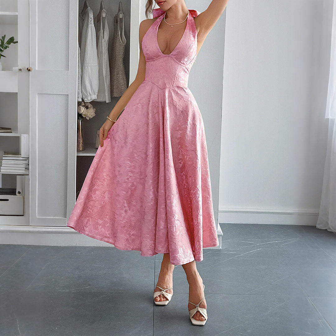 Damen Elegantes Midikleid mit tiefem V-Ausschnitt und fließendem Rock Echo Archiv