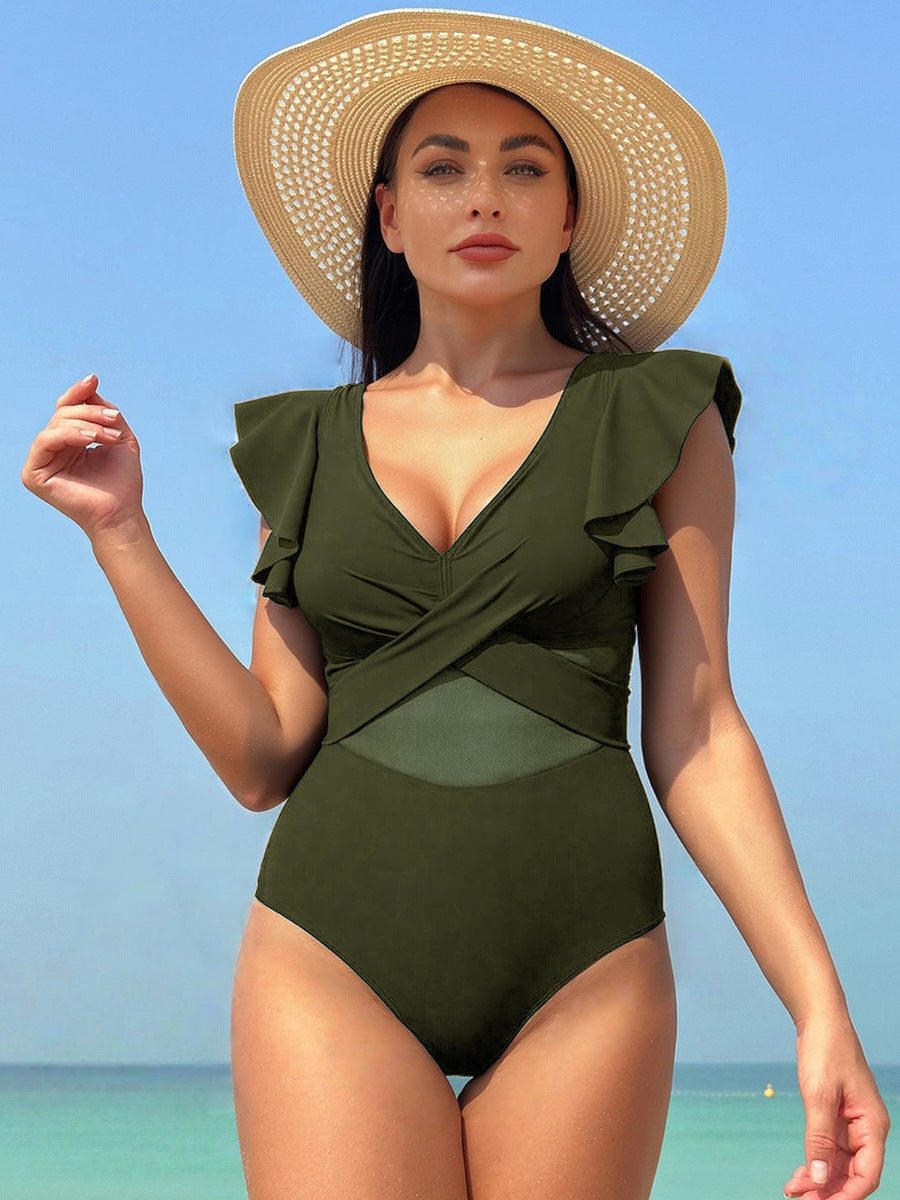 Damen Eleganter Einteiler Badeanzug mit asymmetrischem Rüschendesign Echo Archiv