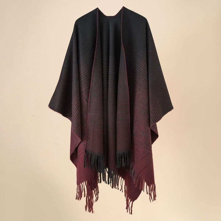 Damen Fransen‑Cape aus Wollmix mit offenem Fall und reversiblem Jacquard Echo Archiv