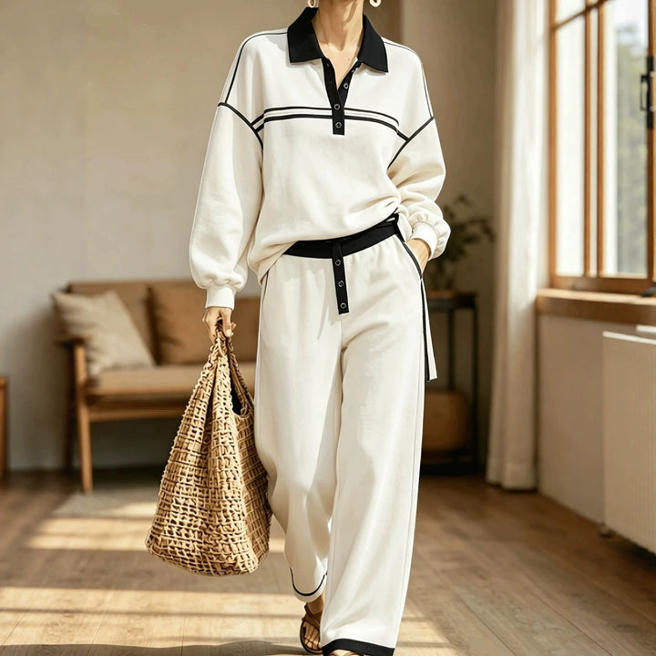 Damen Lounge-Set aus weichem Jersey mit Polokragen, Kontraststreifen und weiter Jogpant – Élanora