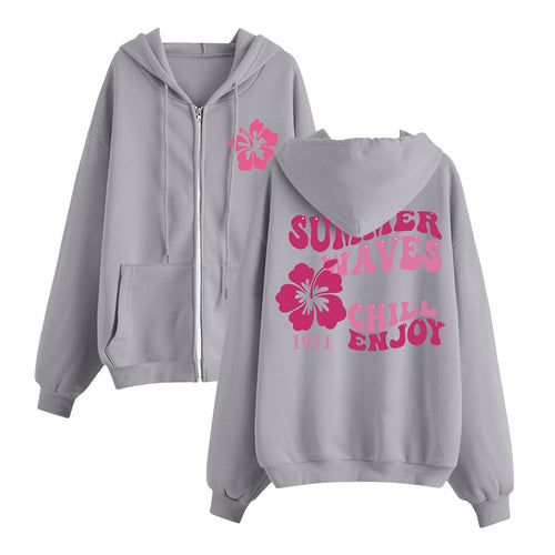 Damen entspannter Zip-Hoodie mit tropischem Hibiskus-Print, Kängurutaschen und gerippten Bündchen – Auréline