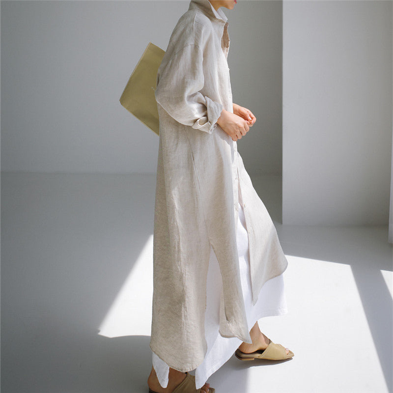 Damen Langes Leinen‑Hemdkleid mit kastiger Oversize‑Silhouette und Seitenschlitzen Echoarchiv