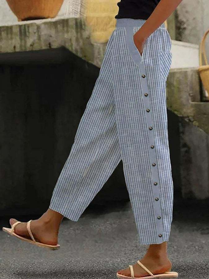 Damen Culotte-Hosen mit hohem elastischem Bund, seitlichem Knopfverschluss und Taschen – Avélisse
