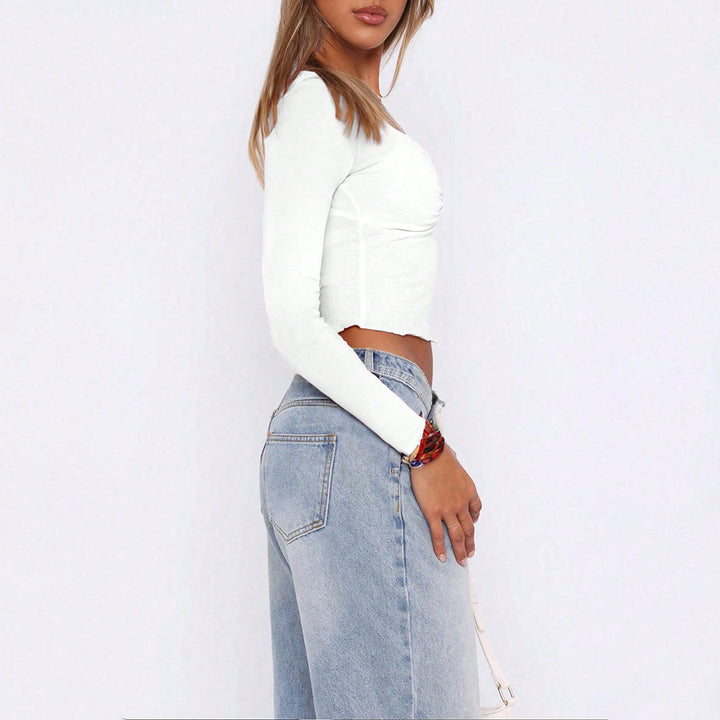 Damen gerafftes Cropped-Longsleeve mit Twist-Bustier und eckigem Ausschnitt – Avérine
