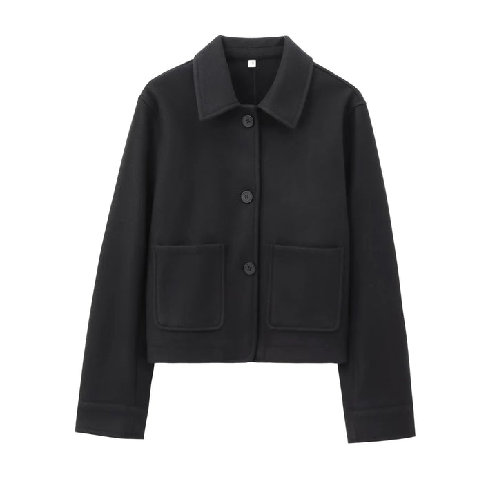 Damen kurze Wolljacke mit Hemdkragen, aufgesetzten Taschen und cleaner Boxy-Silhouette – Célinea