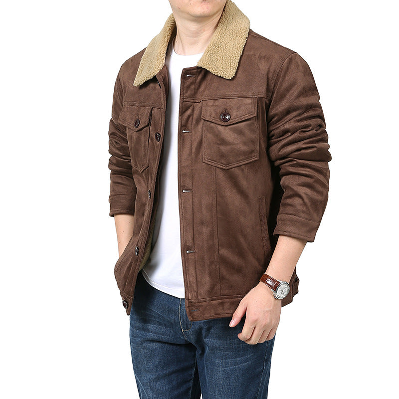 Herren Velourslederoptik Hemdjacke im Trucker‑Stil mit Teddykragen & Pattentaschen Echoarchiv