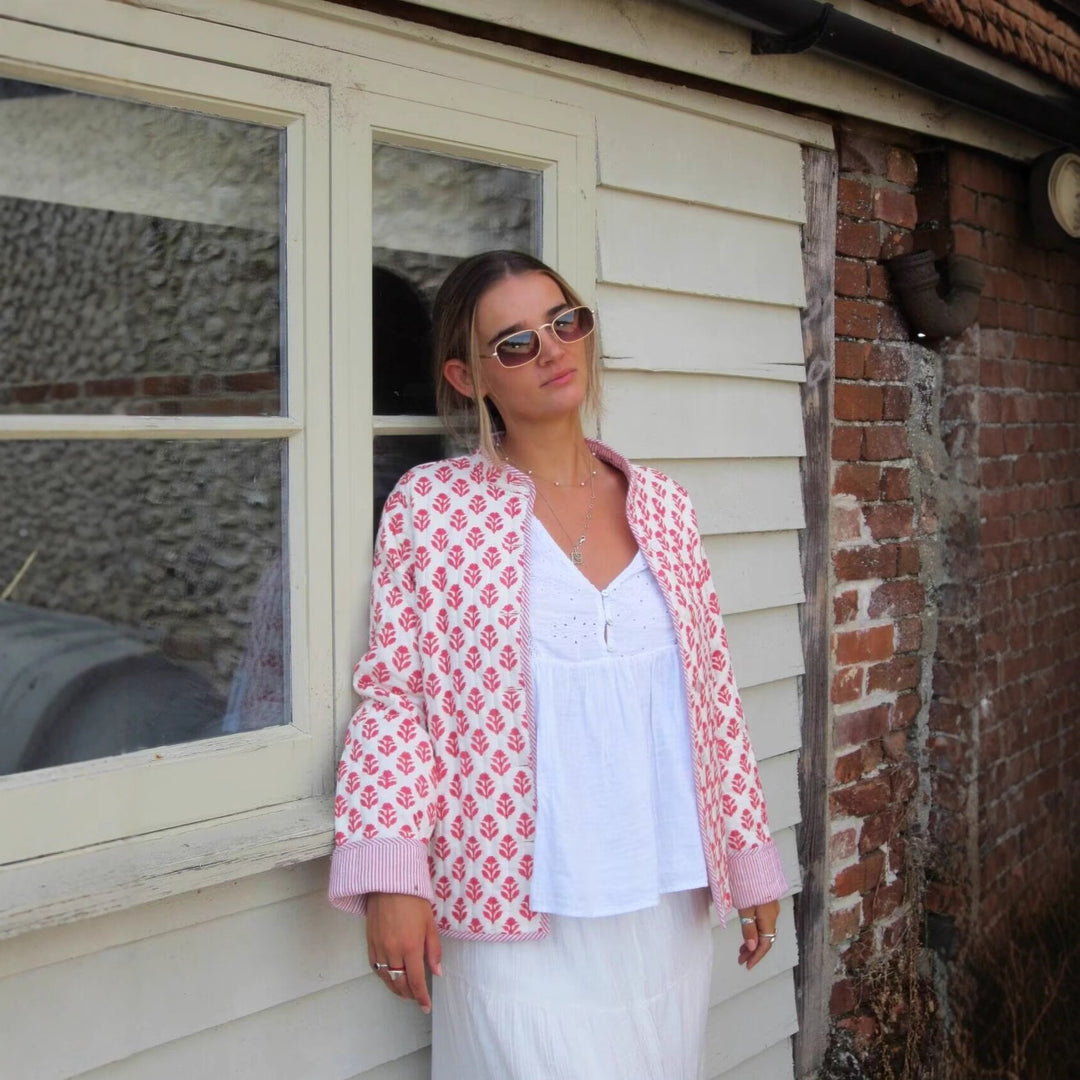 Damen Leichte bedruckte Baumwolljacke mit Stehkragen und gestreiften Manschetten Echo Archiv