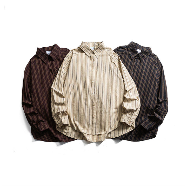 Unisex Oversize Hemdjacke in gestreifter Baumwollmischung mit gerundetem Saum Echoarchiv