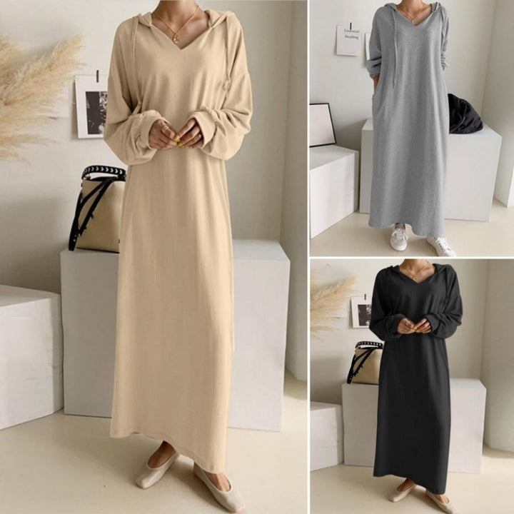 Damen nan lässiges Kapuzen-Maxikleid mit V-Ausschnitt, langen Ärmeln, lockerem geradem Schnitt und elastischen Bündchen Echo Archiv