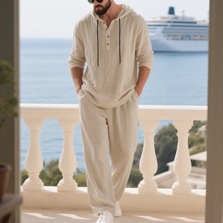 Herren lässiges Hoodie-Langarm-Set aus leichtem Leinenstoff Echoarchiv