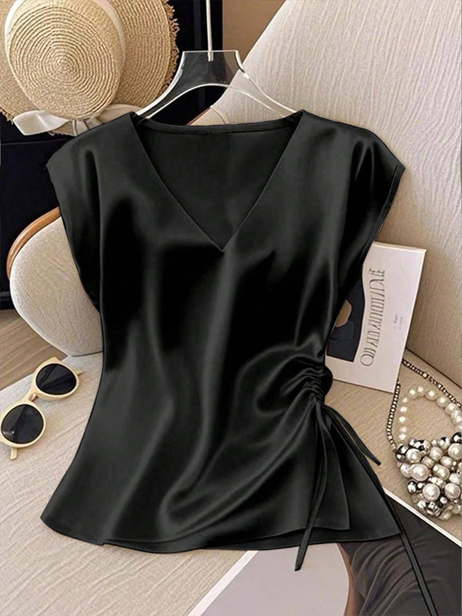 Damen Satinbluse mit seitlichem Kordelzug und V-Ausschnitt Echoarchiv