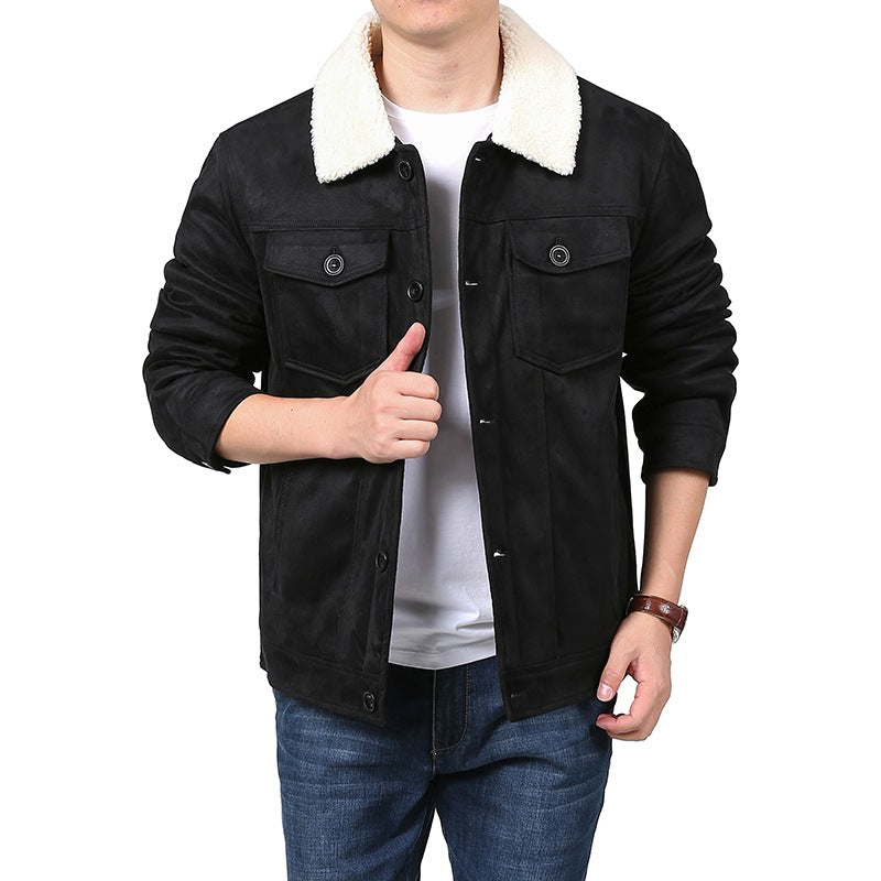 Herren Velourslederoptik Hemdjacke im Trucker‑Stil mit Teddykragen & Pattentaschen Echoarchiv