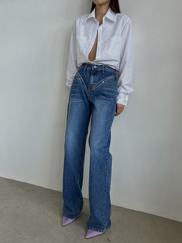 Damen nan hochgeschnittene weite Denim-Hose mit V-förmiger Bundnaht und extra-langem Bein Echo Archiv