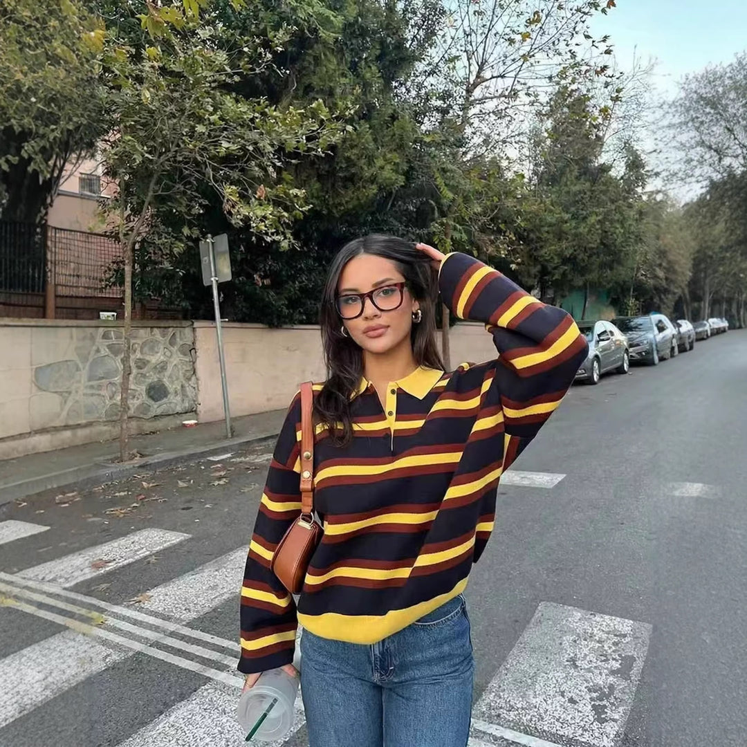 Damen Gestreifter Rugby-Pullover mit Polokragen und Knopfleiste Echoarchiv