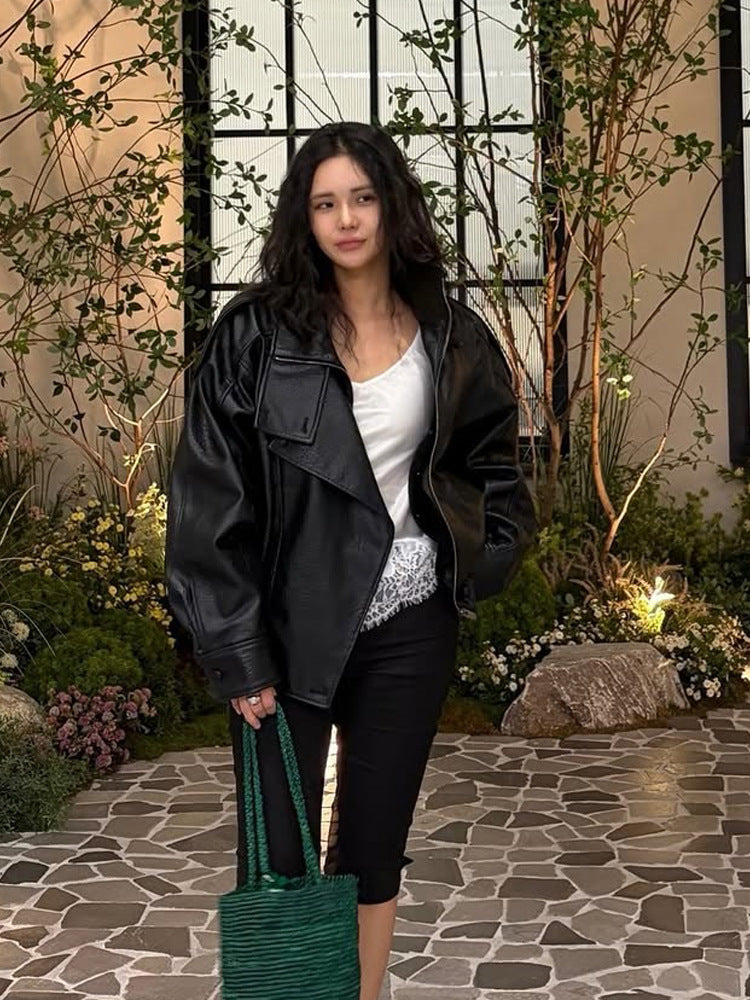 Damen Boxy-Lederimitat-Blouson mit strukturierter Narbung, doppelreihiger Knopfleiste & elastischem Saum Echoarchiv