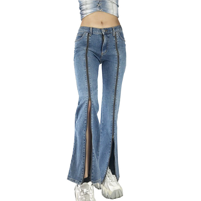 Damen nan Jeanshose mit durchgehenden Front-Reißverschlüssen, hoher vorderer Beinöffnung und ausgestelltem Schlag Echo Archiv