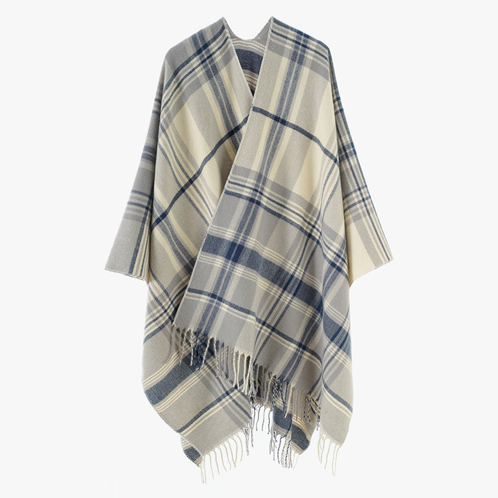 Damen Karierter Cape-Umhang aus Wollmix mit Fransen – Avérine