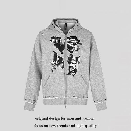 Damen Kapuzen-Sweatjacke mit zweiseitigem Reißverschluss, ausgefranstem Saum, Nietenbesatz und Collage-Print Echoarchiv