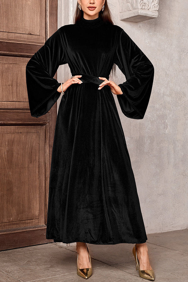 Damen Maxikleid aus Samt mit Stehkragen, weitem Glockenärmel und Taillengürtel – Valéora