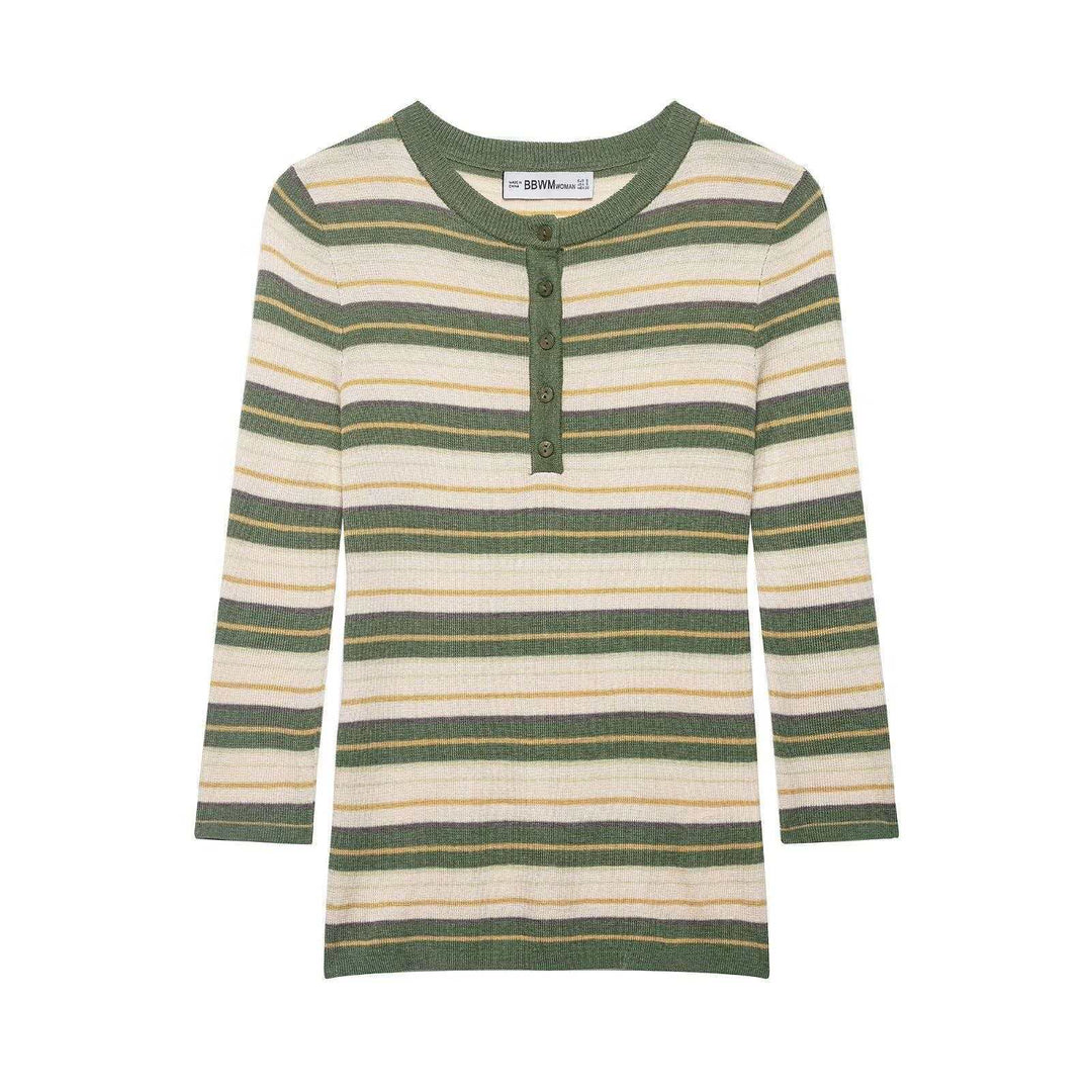 Damen Rippstrick-Longsleeve mit Henley-Knopfleiste und feinem Streifenmuster Echo Archiv