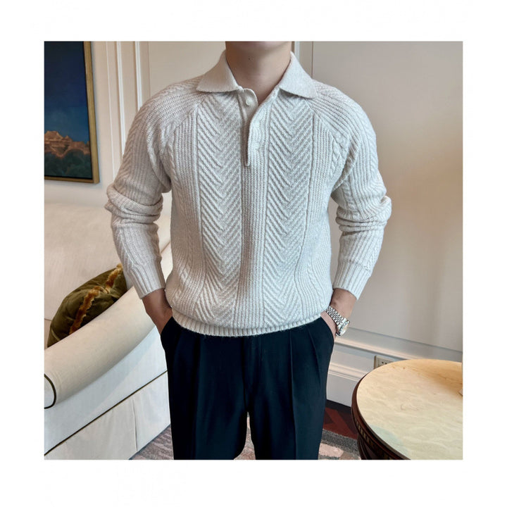 Herren Polokragen-Zopfstrick-Pullover mit halber Knopfleiste Echoarchiv