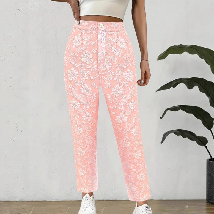 Damen Hochtaillierte Bundfalten‑Hose mit floralem Jacquard und geradem Bein – Avélisse